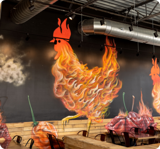 Birdcode restaurant mural and interior