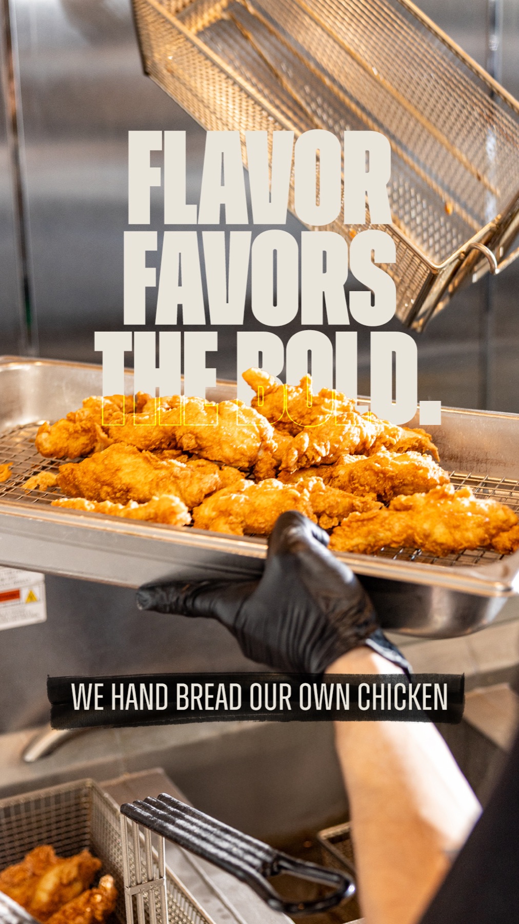 Flavor Favors the Bold campaign graphic about hand-breaded chicken